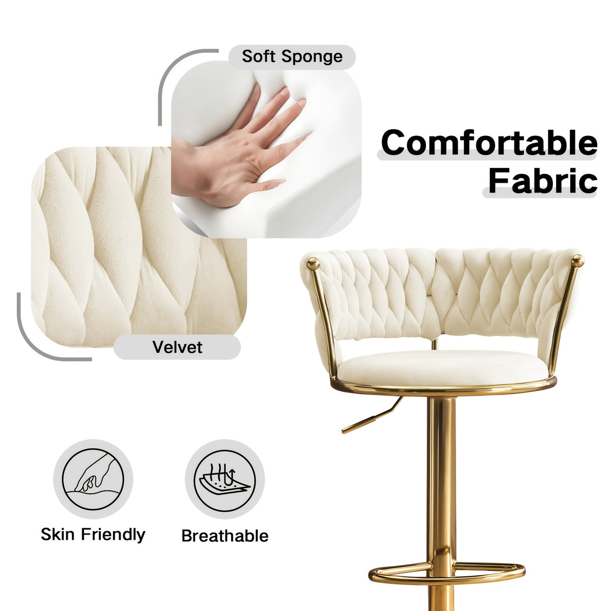 Modern Luxury Adjustable Swivel Bar Stools with Tufted Backrest & Gold Pedestal Base (Set of 4)