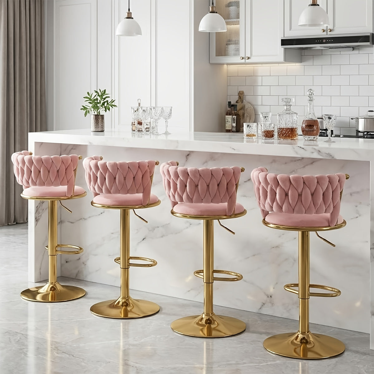 Modern Luxury Adjustable Swivel Bar Stools with Tufted Backrest & Gold Pedestal Base (Set of 4)