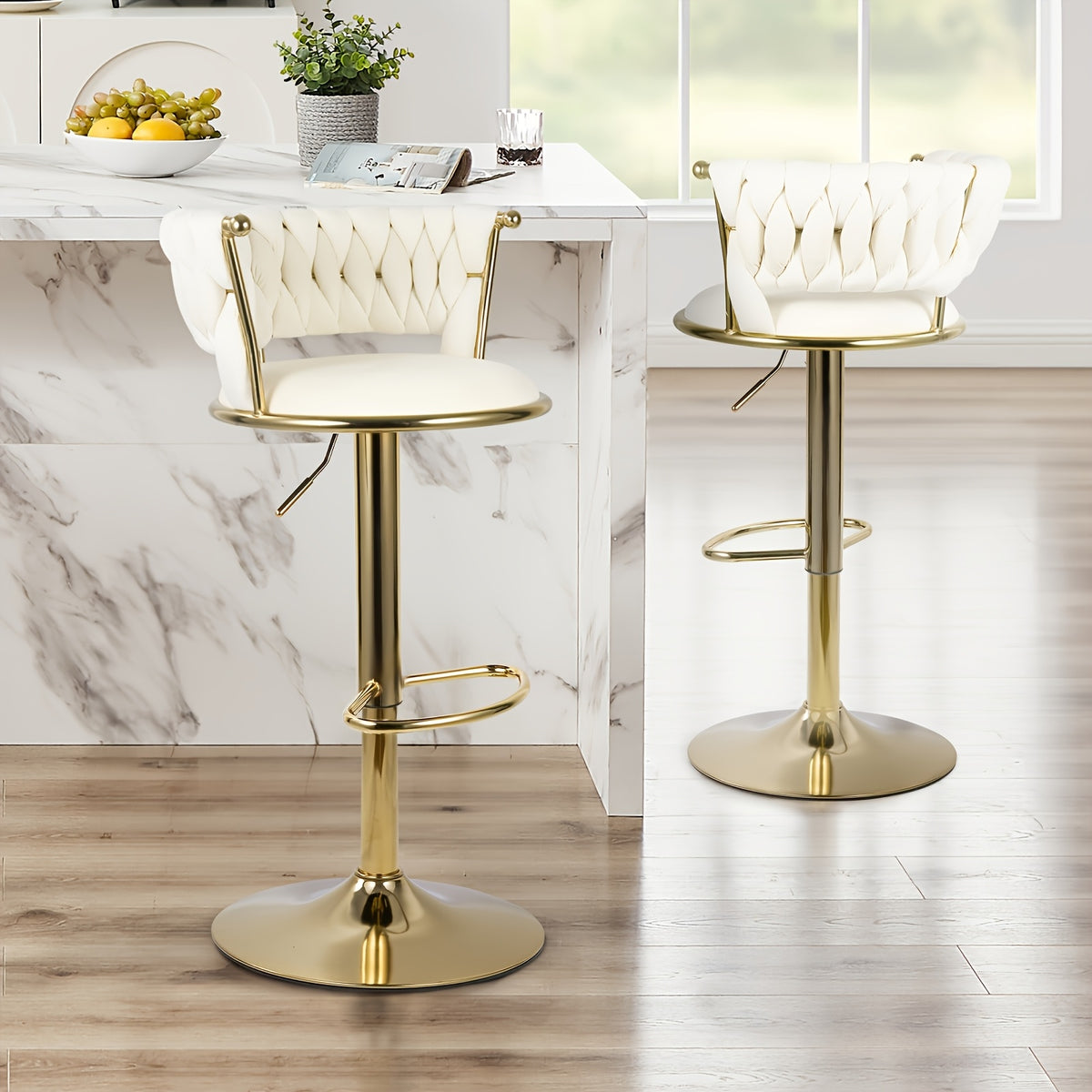 Modern Luxury Adjustable Swivel Bar Stools with Tufted Backrest & Gold Pedestal Base (Set of 4)