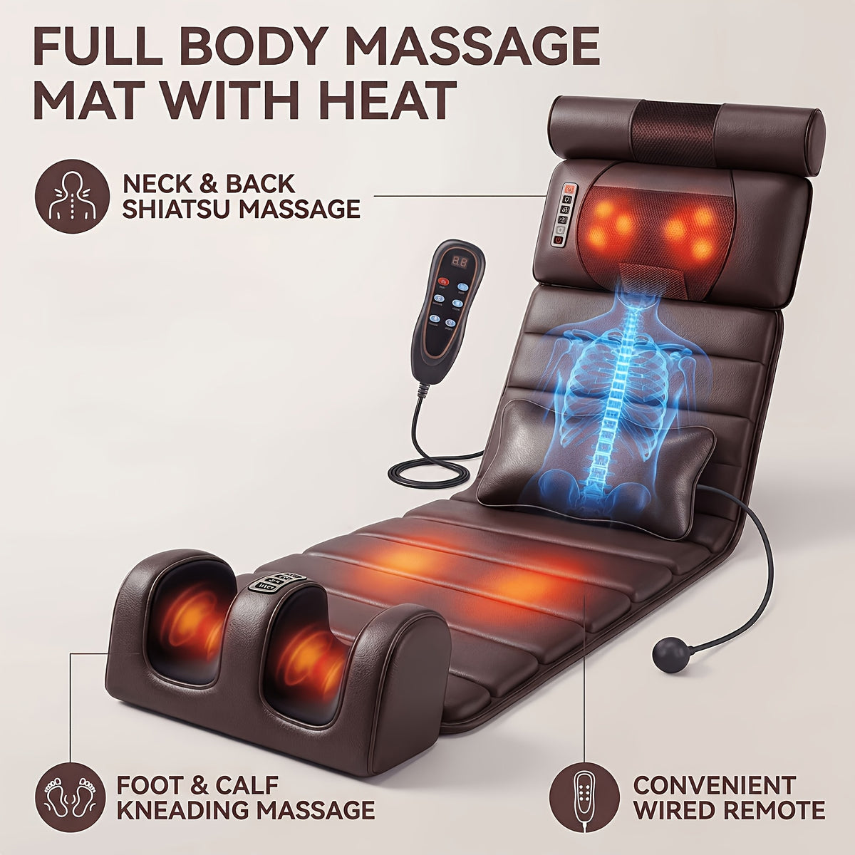 Full-Body Heated Massage Mat with Neck Shiatsu Kneading & Integrated Leg/Foot Massager