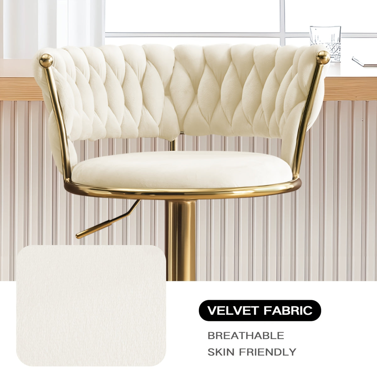 Modern Luxury Adjustable Swivel Bar Stools with Tufted Backrest & Gold Pedestal Base (Set of 4)